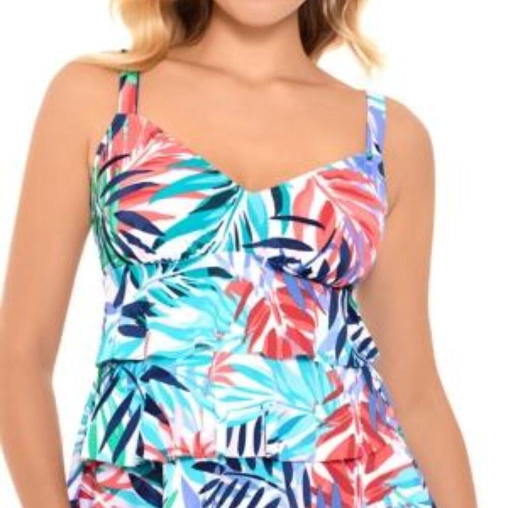 Swim Solutions Tankini Swimsuit Top Womens 10 Blue Multicolor Triple Tier Floral